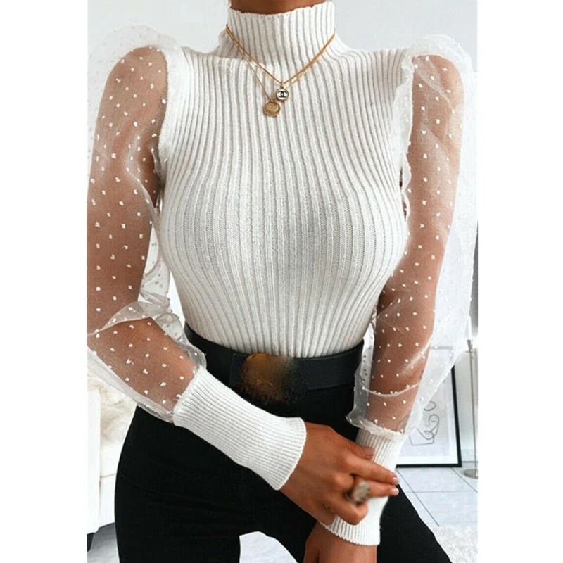 

Women Spring Mesh Puff Long Sleeve Ribbed Knitted Shirt Loose Casual Polka Dots Blouse Tops Elegant Turtleneck Party Clubwear