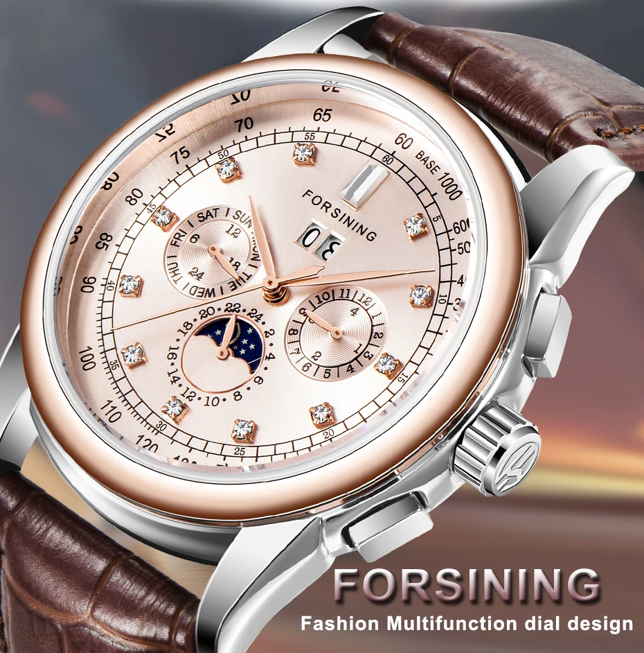 Роскошные мужские автоматические часы FORSINING Rose Golden, фаза Луны, календарь, дизайнерские часы, Лидирующий бренд, мужские наручные часы, Прямая поставка