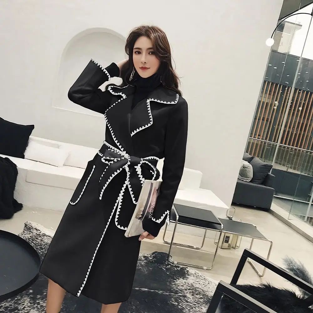 

Wave Edge Suit Collar Mid-length Woolen Coat Korean Style Slim Tie Jacket Women Autumn Winter New Fashion Clothing
