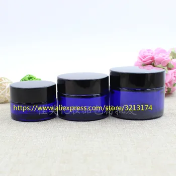 

20g 30g 50g blue glass cream jar with black aluminum lid, cosmetic eye cream mask facial lotion pot Package container