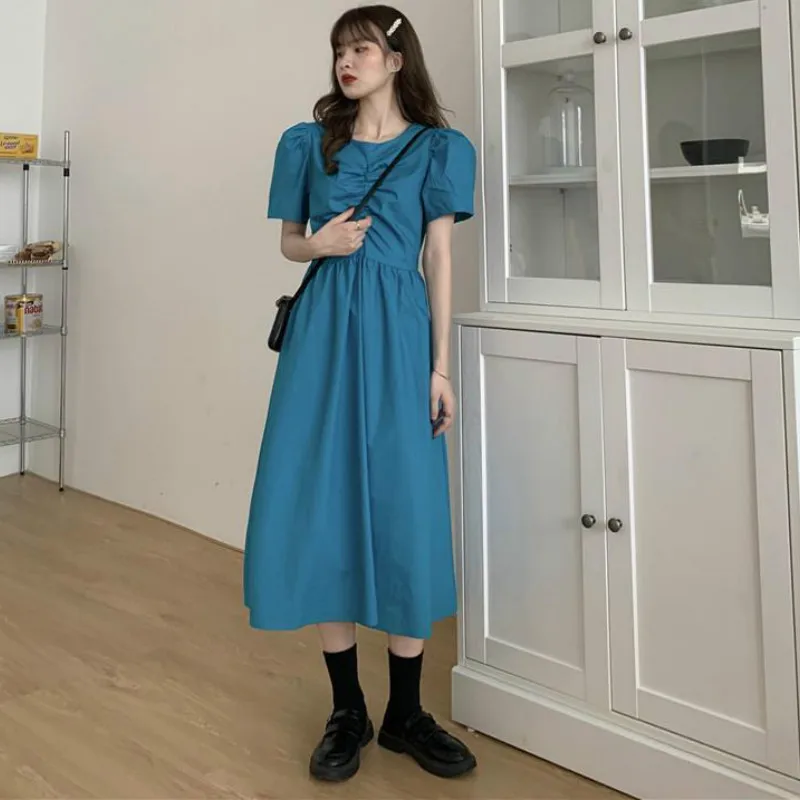 Robe à col rond pour femmes, manches courtes bouffantes, ajouré, Vintage français, tenue élégante, Chic, Ulzzang, été