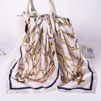 

White Silk Sauqre Scarf Women Scarf Luxury Brand Chains Printed Foulard Square HeadBand Scarves Wraps Tie 2020 New Drop Ship