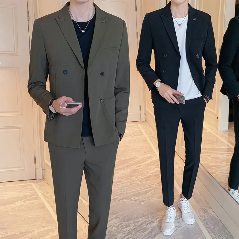 Высокое качество двубортные мужские модные тонкие костюмы деловые повседневные