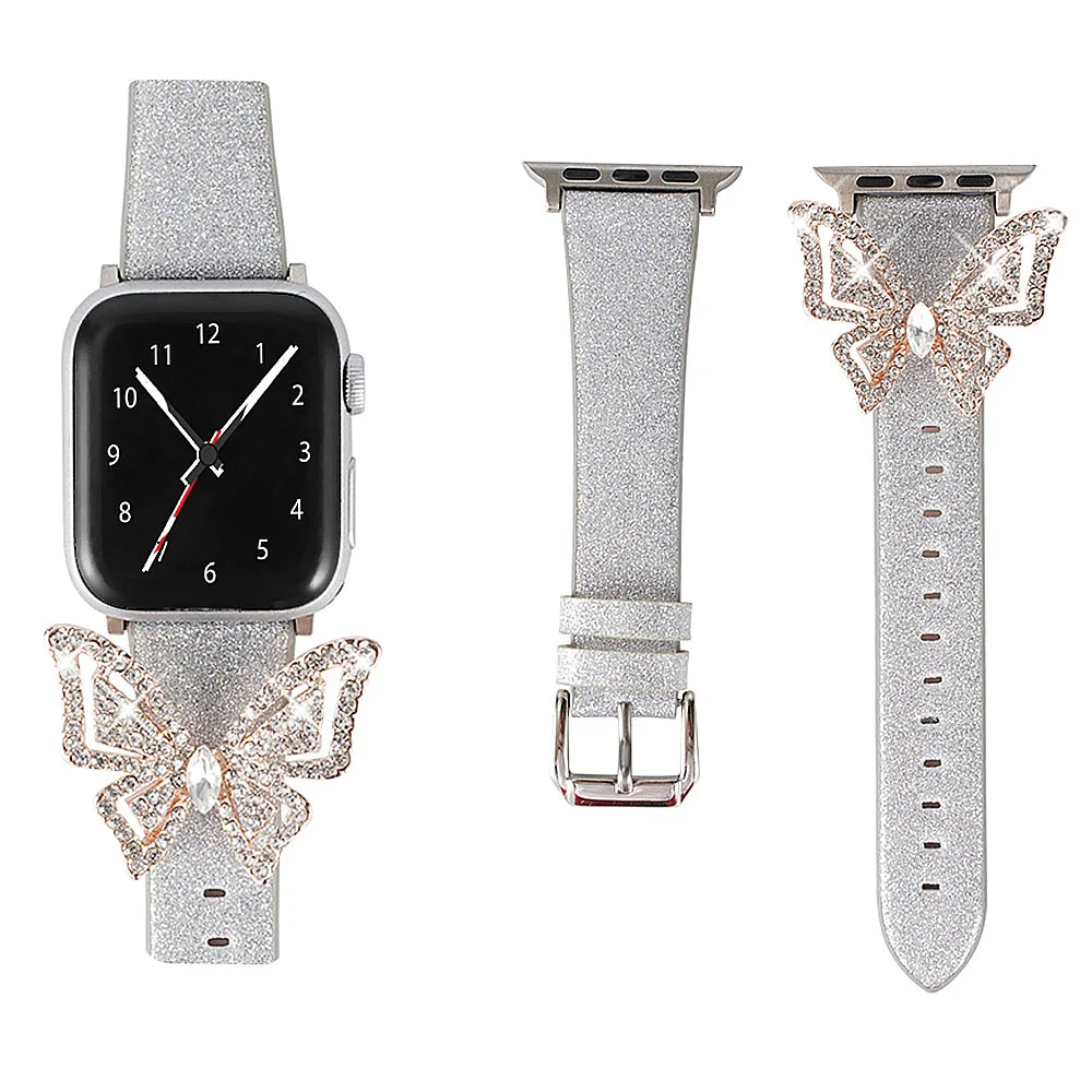 Женский кожаный ремешок для Apple Watch серии 1 2 3 4 5 блестящий ремешок с бабочками браслет 38 мм 42 мм 40 мм 44 мм Алмазный ремешок для iWatch