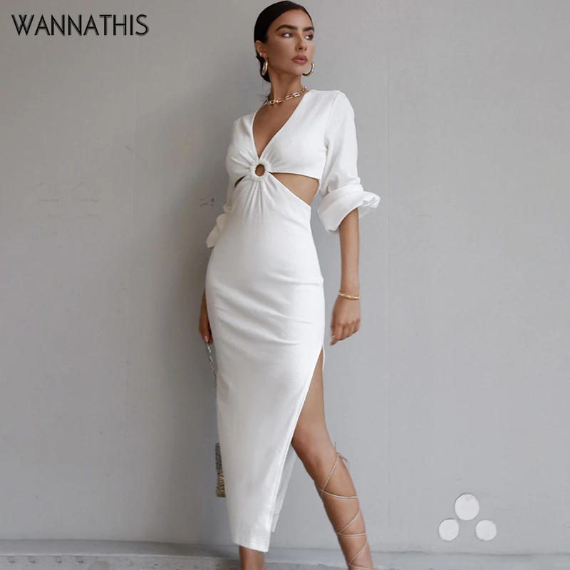 WannaThis-vestidos de media pantorrilla para mujer, vestidos elegantes manga acampanada con cuello en V y abertura lateral, ropa de calle firme informal, largos, 2021 - AliExpress Ropa de mujer