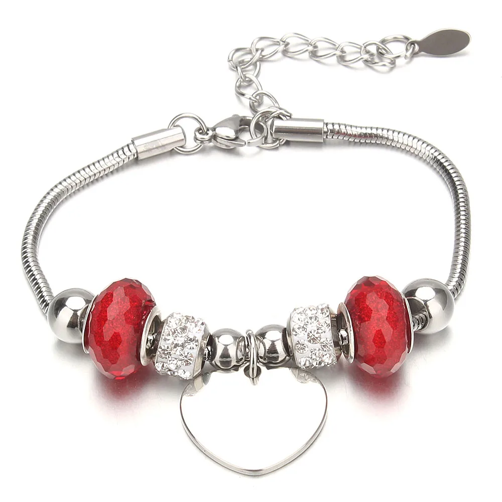 Fashion Stainless Steel Bracelets Heart Shape Charm Bracelets for Women Glass Beads Bracelet & Bangle DIY Jewelry Gifts