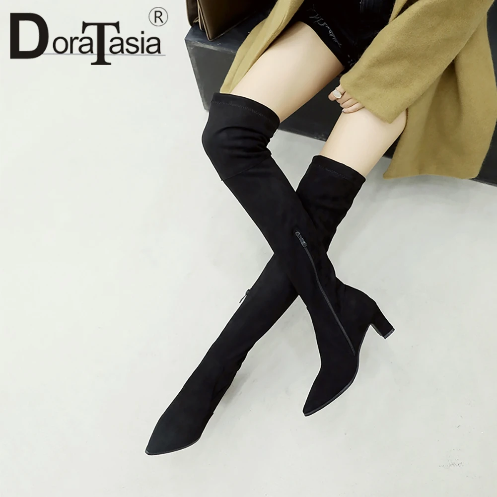 

DORATASIA Plus Size 32-48 New Black Over The Knee Boots Women Pointed Toe Ladies High Heels Shoes Woman Sock Thigh High Boots