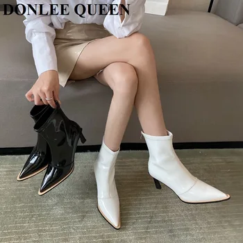 

2021 Elegant Women Patent Leather Ankle Boots 7cm Thin High Heels Short Sock Boots Fashion Pointed Toe Chelsea Booties Feminina