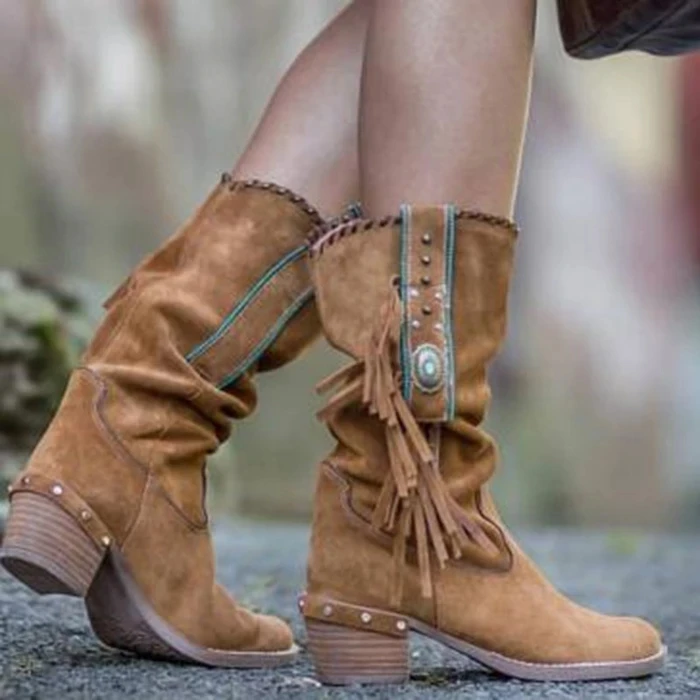 

JODIMITTY 2020 Autumn Bohemian Boots Women Ethnic Tassel Fringe Faux Suede Leather Mid half Boots Woman Square Heel Shoe Booties