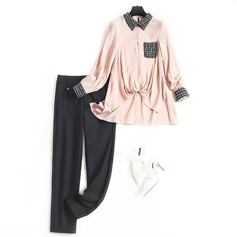 

Designer Women Suit 2020 High Quality Office Lady Peter Pan Collar Blouse Asymmetry+pencil Pants To Ankle-Length Matching Sets