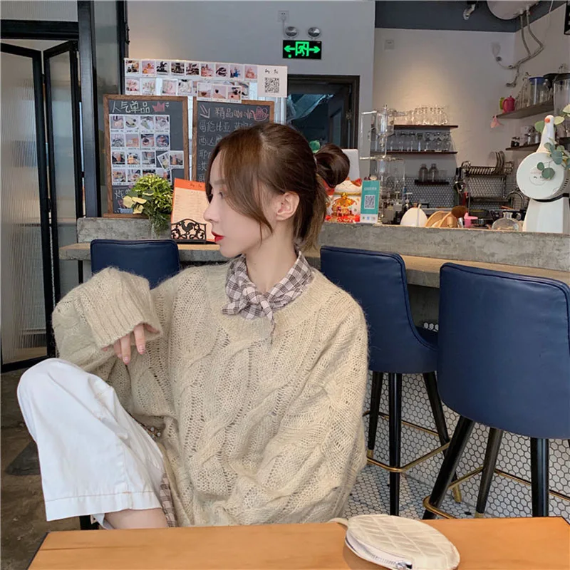 Women's Classic Plaid Casual Bow Collar Shirt Female Korean Twist Wild Loose O-neck Knit Pullover Sweater Two-piece Tops ML235