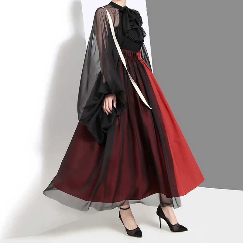 Johnature Autumn Korean New Women Pleated Skirt Streetwear Fashion Spliced Mesh High Waist All-match Female Lace Skirts