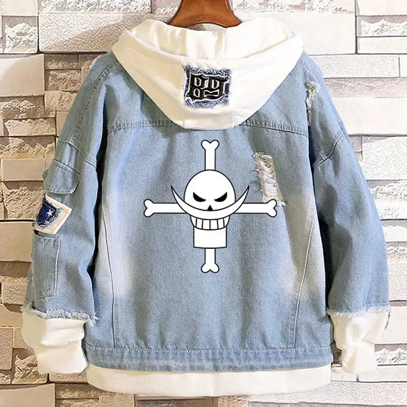 Аниме one piece Whitebeard Пираты повседневные Многослойные джинсовые куртки потертый двубортный рукав на резинке джинсовая куртка с капюшоном куртка свободное Ковбойское пальто