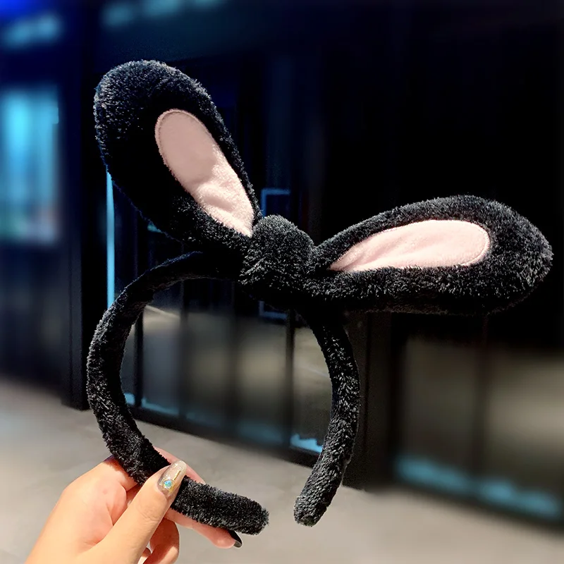 black rabbit ears Новые женские зимние бантики с заячьими ушками, Нескользящие мягкие плюшевые повязки на голову для девочек, милые повязки на голову, повязки на голову, модные аксессуары для волос - Цвет: black rabbit ears