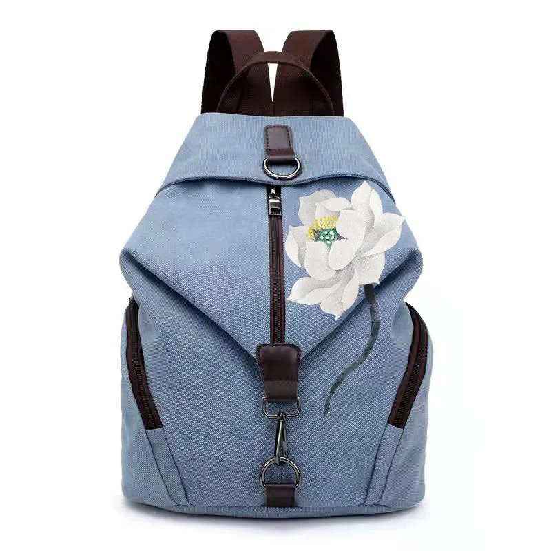 

Ougger Sport Backpack Female Backpacks Large Blue Canvas Fashion National Style Large Capacity Bag with Flowers for Outdoor