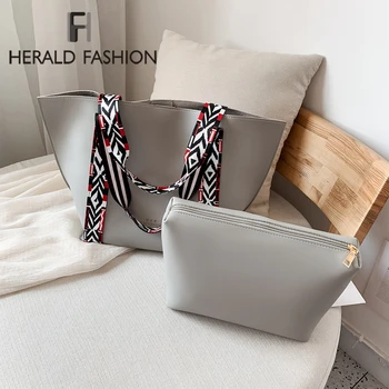 

Herald Fashion Women Vintage Handbag PU Leather Female Shoulder Bag 2 pcs/set Large Capacity Ladies Tote Bags Colored Strap 2019