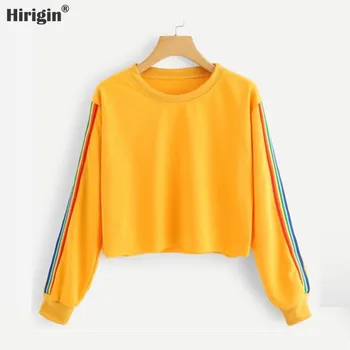

Brand 2019 New Women Spring Autumn Rainbow Stripe Cute Patchwork Long Sleeve Crew Neck Loose Crop Top Casual Short Hoodies
