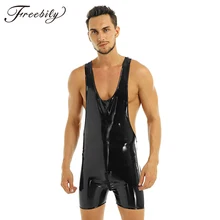 Черный мужской Wetlook лакированная кожа без рукавов молния мотня цельный Бикини плавки-шорты для купания трико боди для походов в клуб