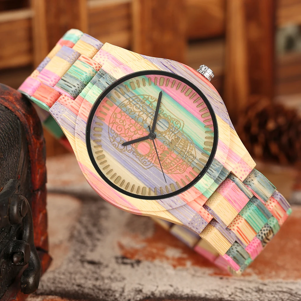 Quartz Wooden Watch Unique Skeleton Pattern Dial Wooden Watches Colorful Bamboo Wood Band Women Bangle Watch Men's Wrist Watches