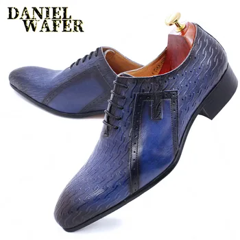 

LUXURY MEN'S OXFORD SHOES GENUINE LEATHER NEW FASHION PRINTS MAN DRESS SHOES LACE UP BLACK BLUE WEDDING OFFICE FORMAL SHOES MEN