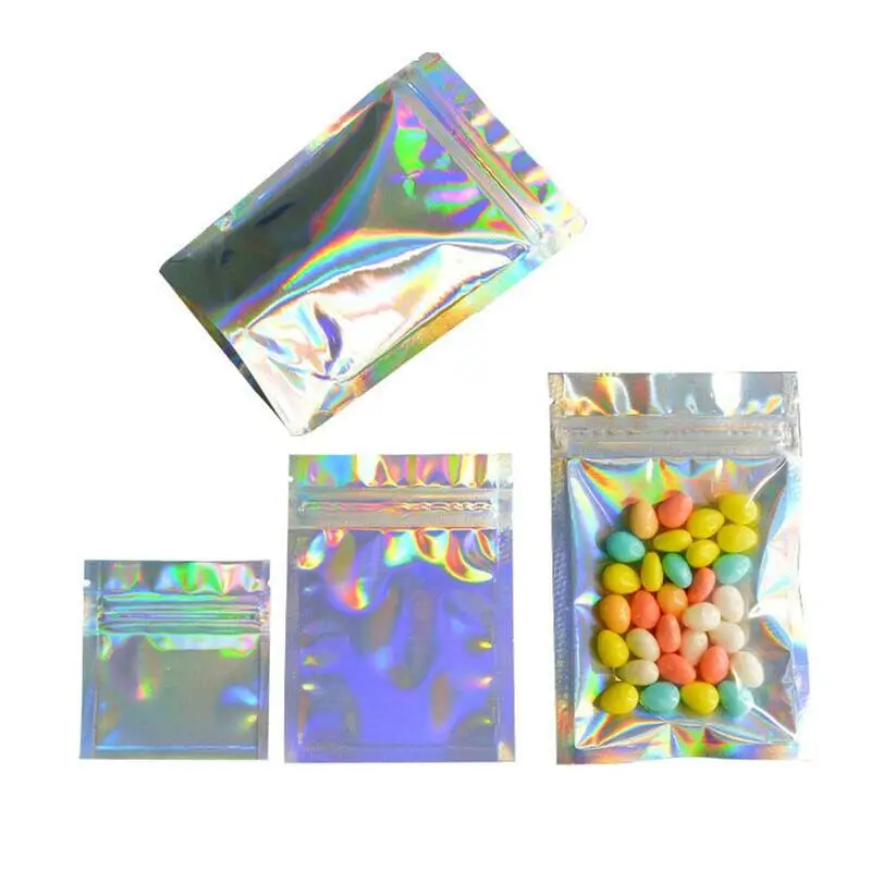 

100PCS Aluminum Foil Zip Lock Bags For Home 4 Sizes Flat Zip Lock Bath Salt Cosmetic Bag Holographic Laser Resealable Bags