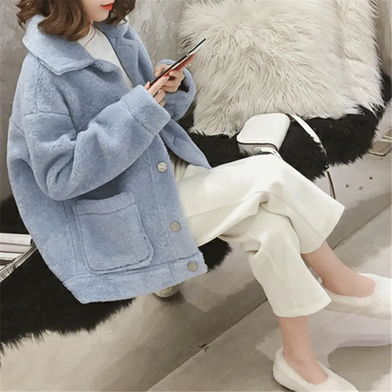 blue Осенне-зимняя одежда, новое корейское свободное шерстяное пальто из овечьей шерсти, женские куртки, плотная теплая верхняя одежда для девочек XA356 - Цвет: blue