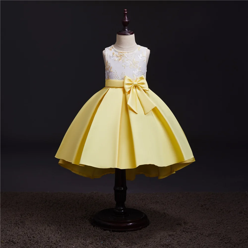 

Europe And America New Style Tailing Formal Dress Girls Handmade Beaded Bracelet Embroidery Princess Dress Satin Twill Bow Swall