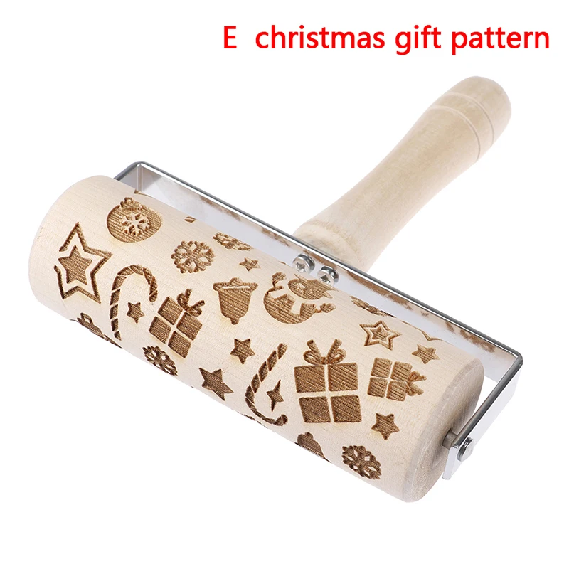Christmas Embossing Rolling Pin Cookies Noodle Biscuit Fondant Cake Dough Engraved Roller Reindeer Snowflake - Color: e