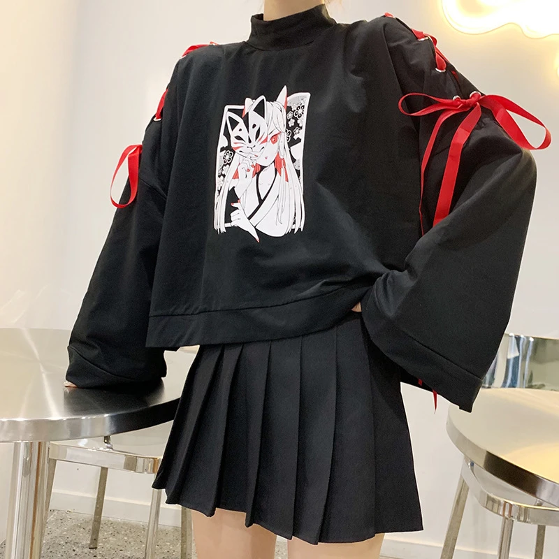 

Japanese Lolita Vintage Harajuku Anime Fox Print Lace-up Long Sleeve Hoodie Shirts Dark Girl Punk Street Sweatshirt Tops