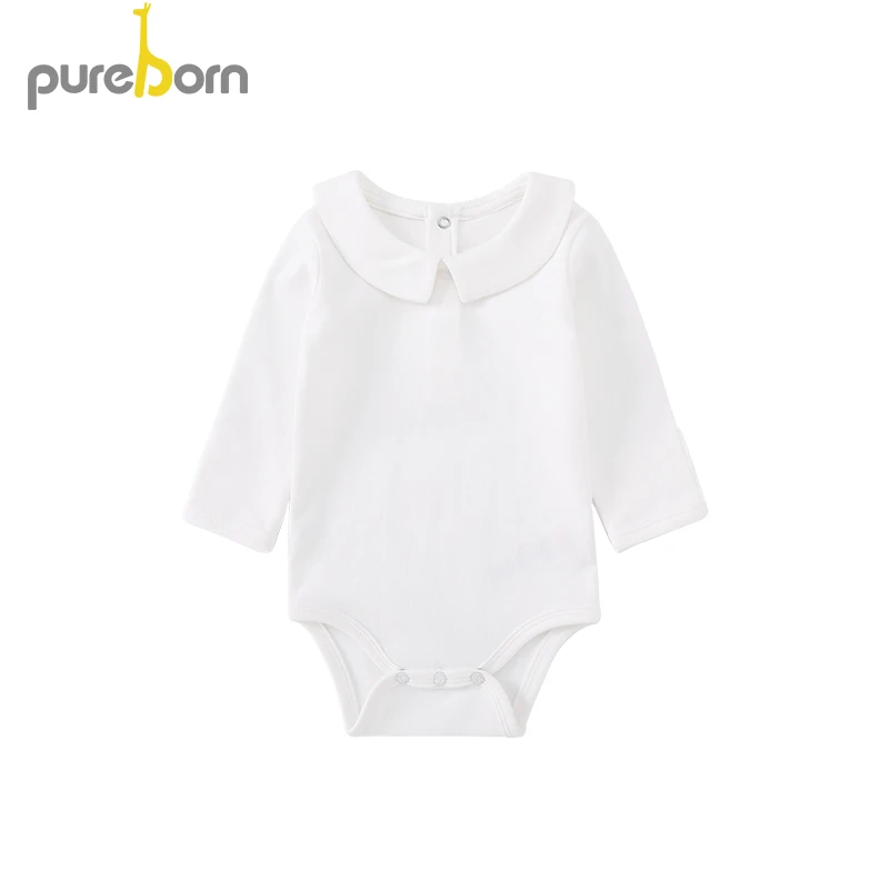 Pureborn Newborn Baby Bodysuit Peter Pan Collar Long Sleeve Jumpsuit Boys Girls Infant Outfits Solid Cotton Bapstim Costume