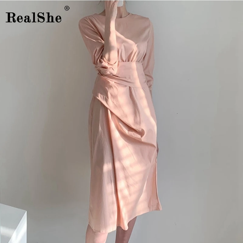 RealShe, женское платье,, Круглый ворот, половина рукава, одноцветное, ассиметричное, женское платье миди, весеннее, повседневное, элегантное, тонкое, для девушек, платья