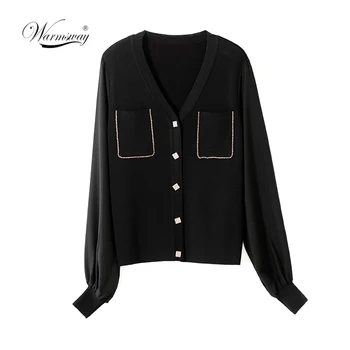

White Casual Chiffon Viscose Knit Women Patchwork Blouse Shirt 2020 Spring Elegant Long Sleeve Pocket Ladies Korean Tops B-022