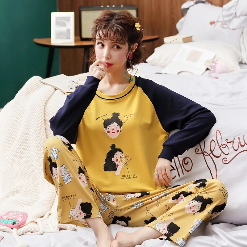 Pajamas Women's Autumn Pure Cotton Women's Crew Neck Women's Casual Nursing Home Wear Two-Piece Set