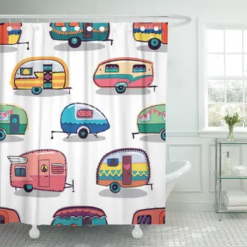 

Shower Curtain Caravan Mid Fifties Cartoonish Campers Pattern Van Vespa Waterproof Polyester Fabric Set with Hooks