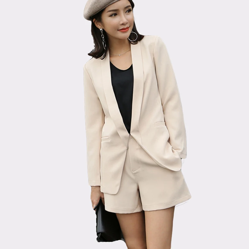 

Women Office Lady Khaki Solid Short Pant Femme 2 Sets Clothes Summer Suits Two Piece Fashion Notched Jacket Blazer Mini Shorts