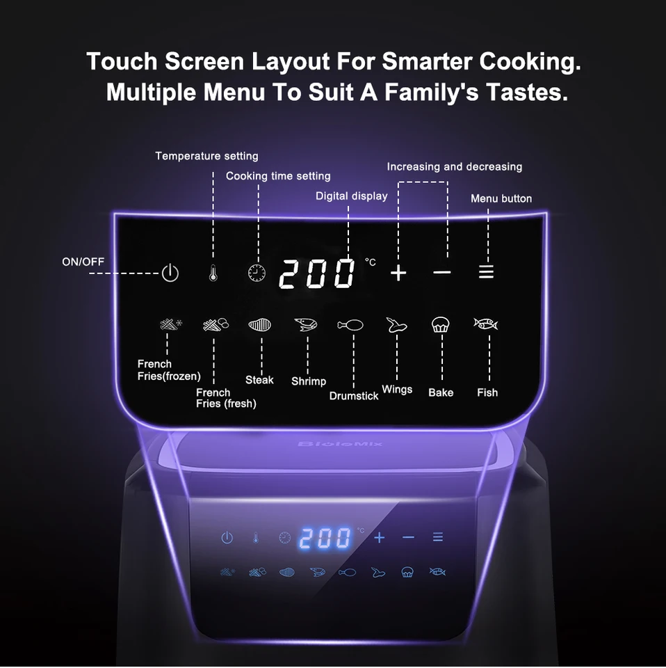 BioloMix-iteuse à air noire sans huile, écran tactile, 8 canons de cuisson, double marmite antiarina, 5L