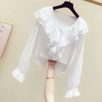 

White Blouse Women 2020 Spring Clothing New Korean-style Elegant Flounced V-neck Bell Sleeve Single Breasted Shirt Women's Tops