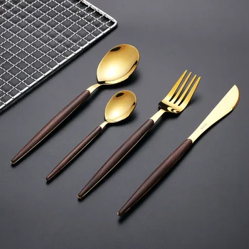 

Matte Gold Portable Stainless Steel Cutlery Box Dinnerware Western Tableware Wood Fork Spoon Knife Set Gold Silverware II50DCS