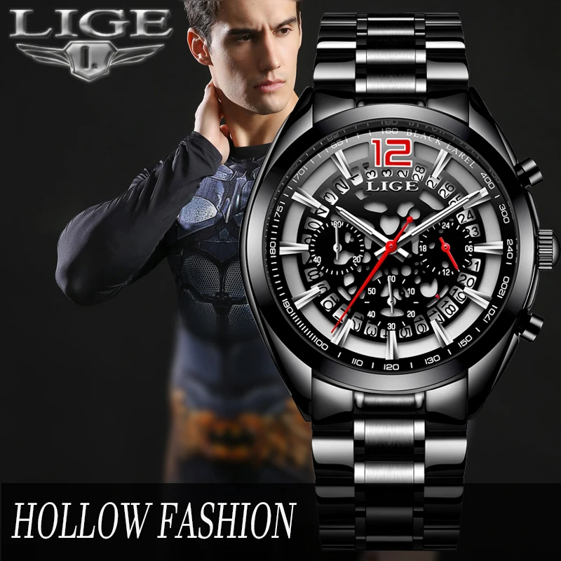 

2020 LIGE Men's Watches Top Brand Unique Style Quartz Men Watch Fashion Cool Hollow Designer Gentle Clock relogio masculino+box
