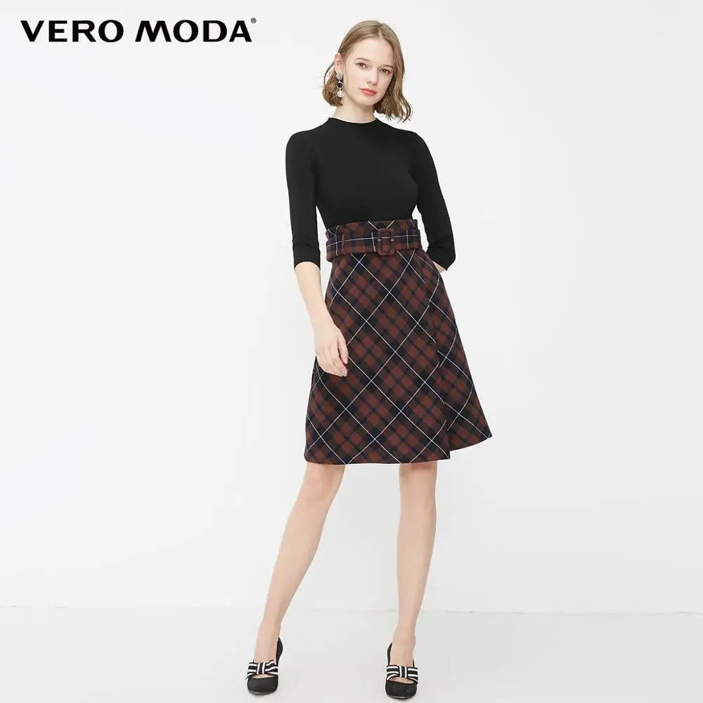 Vero Moda женское OL Стиль Плед Круглый вырез 3/4 рукава вязаное платье | 31917C536