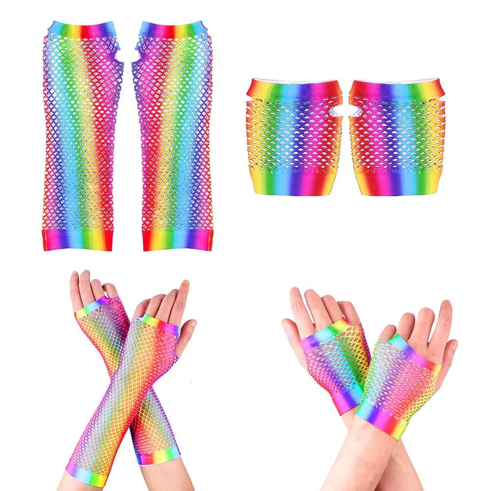 Rainbow Color Lady Disco Dance Costume Lace Fingerless Mesh Fishnet Gloves Punk Women Colorful Half Finger Golves | Аксессуары для