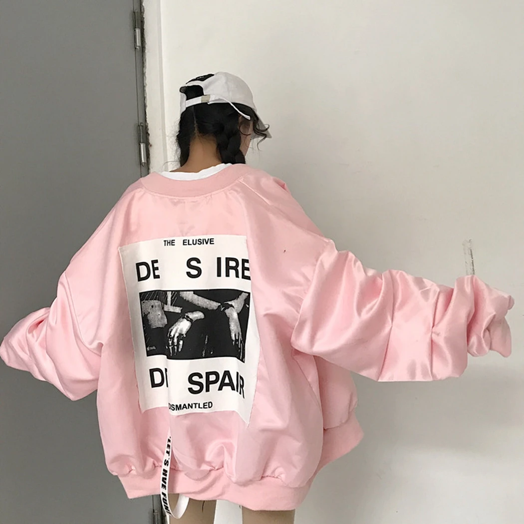 

Fashion Bomber Jacket Coats Harajuku Women Letter Print Loose Zipper Windbreaker Thin Coats Autumn Long Sleeve Outerwear