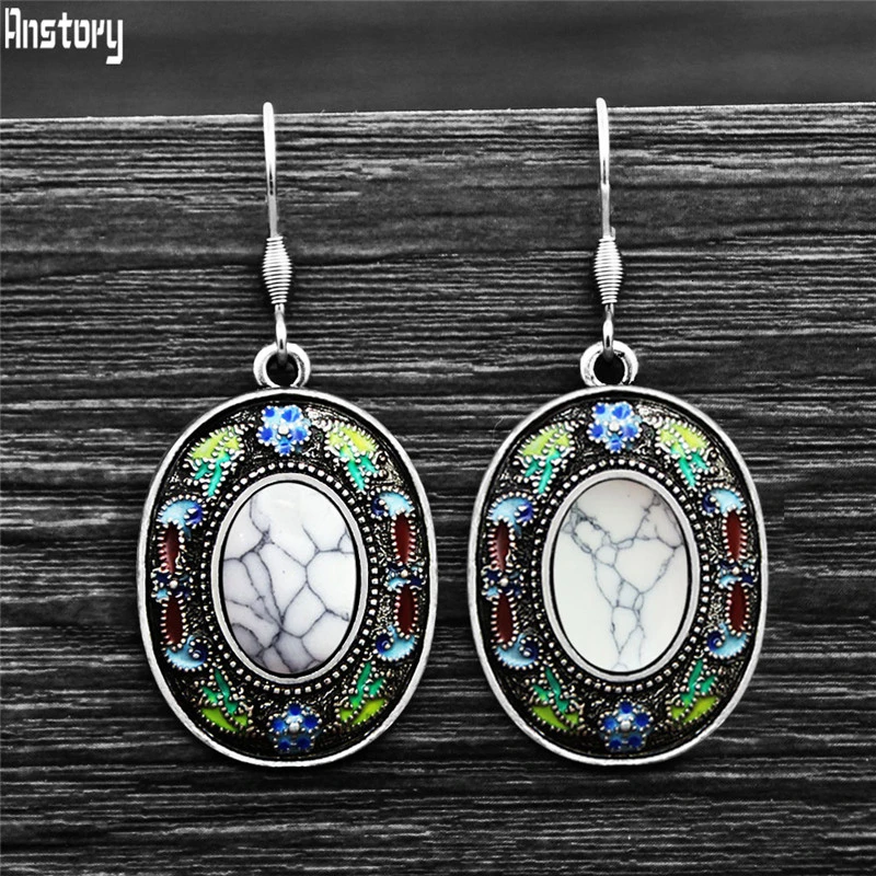 White turquoise Винтажные овальные кварцевые серьги для женщин, богемная живопись, ремесло, цветок, растение, натуральный камень, нержавеющая сталь, серьги-крючки - Окраска металла: White turquoise