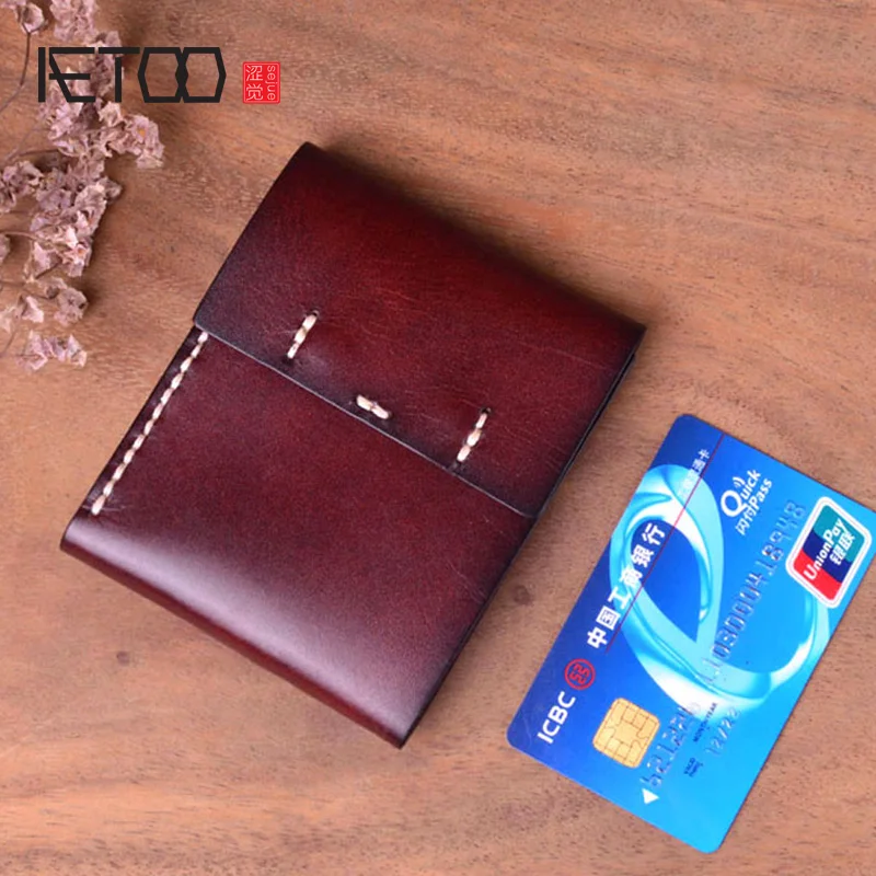 

AETOO Wallet female short paragraph simple retro tri-fold first layer cowhide handmade stitching men and women couple short