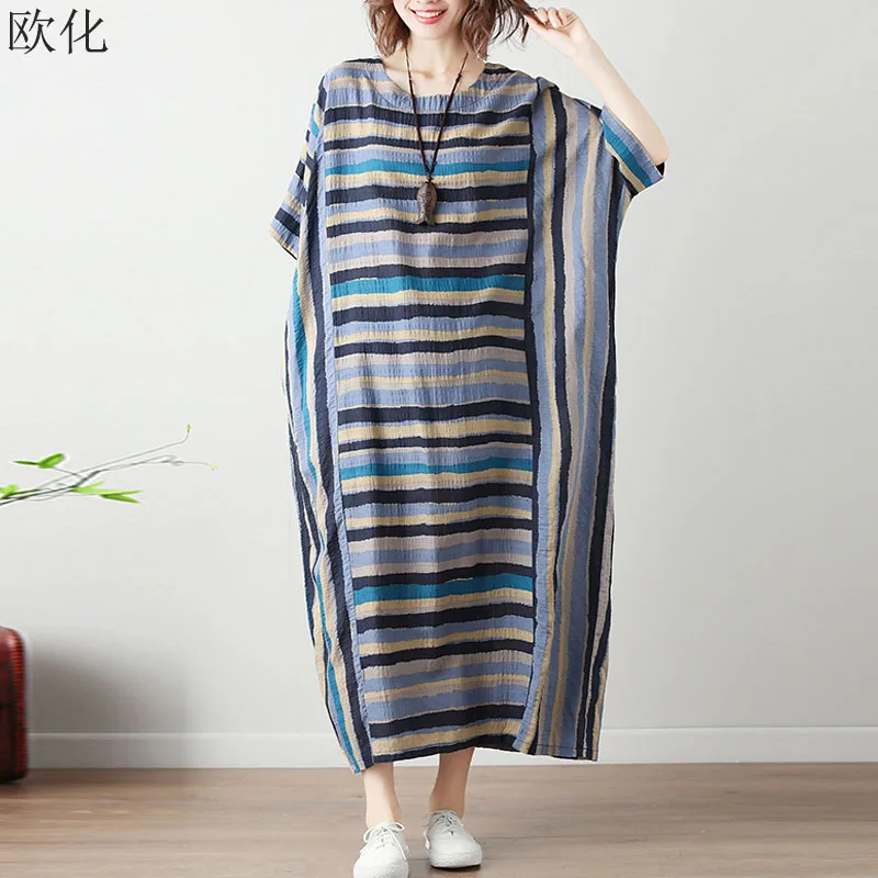 Женское платье размера плюс 4XL 5XL 6XL, летнее платье в полоску с рукавом летучая мышь, хлопковое льняное платье макси, женское пляжное платье макси, Vestidos