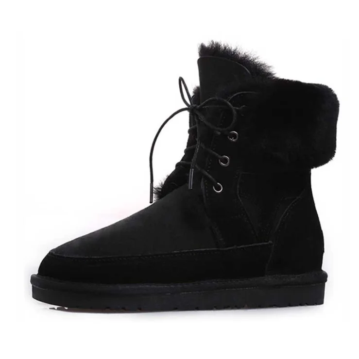 Winter Boots Outdoor Genuine Leather Womens Snow Ankle for Women Faux Suede Slim - Цвет: Черный