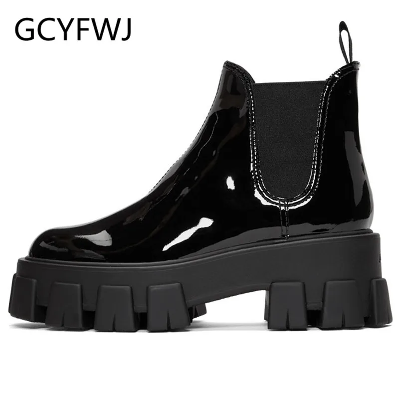 

2019 Runway Thick Bottom Ankle Boots Woman Round Toe Slip On Chelsea Boots Woman Flat Heel Platform Boots Woman Zapatos De Mujer