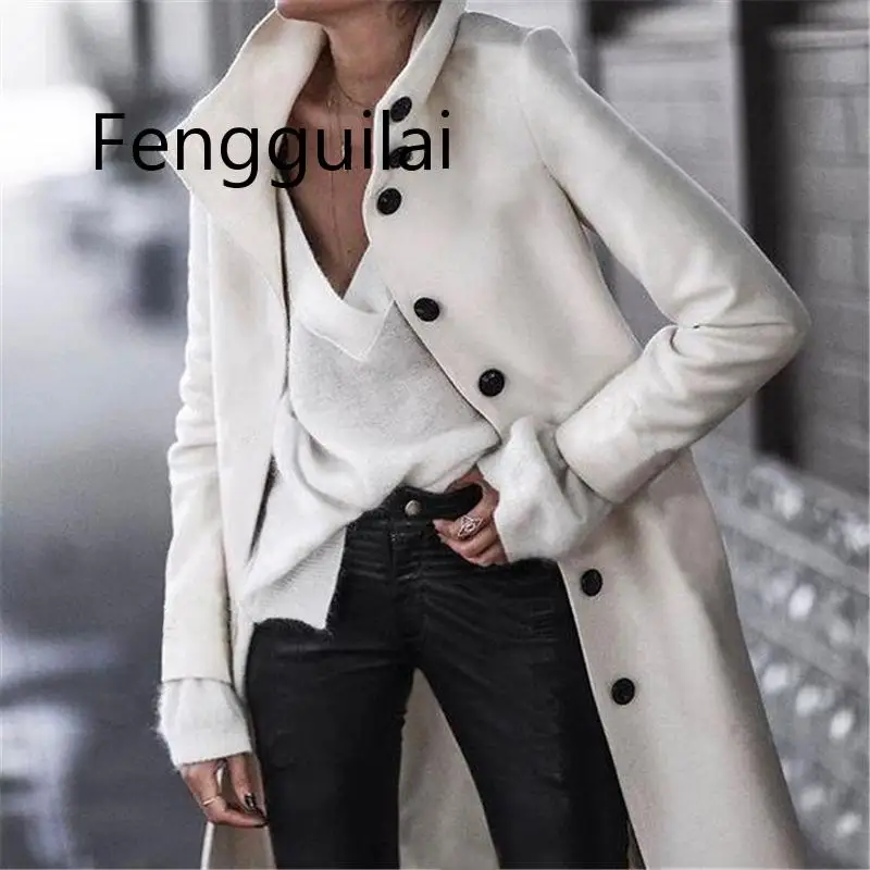 FENGGUILAI, женское длинное пальто, шерстяное, Осень-зима, модное, повседневное, черное, белое, одноцветное, однобортное, уличный тренд, отложной воротник, Coa