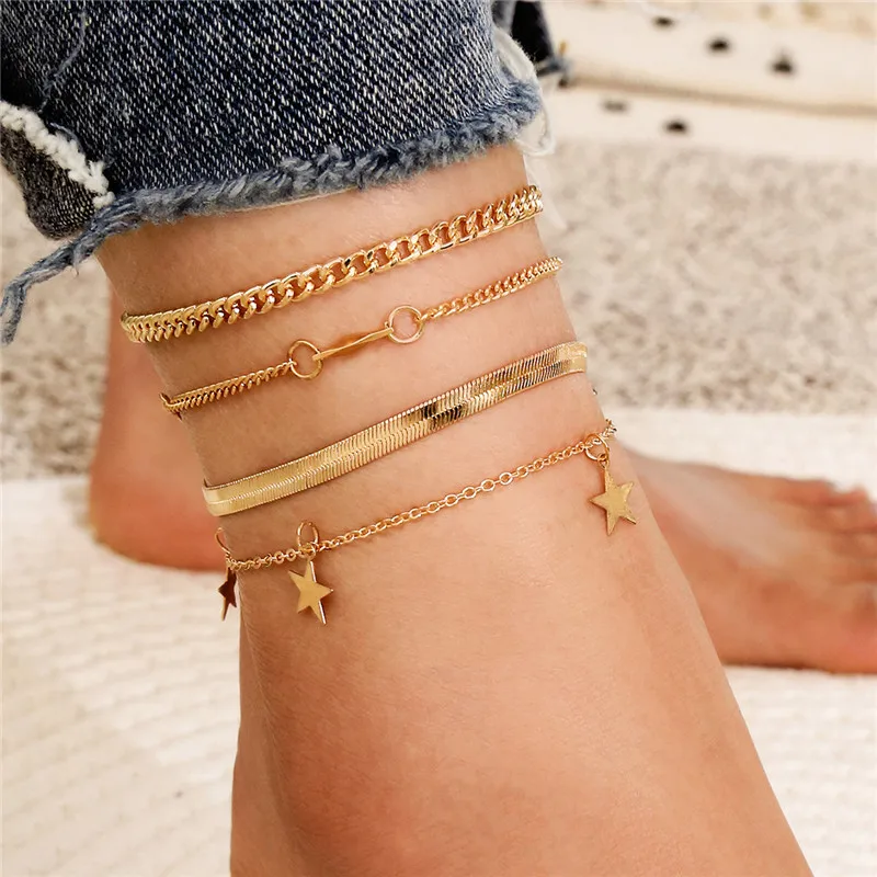 Modyle 4pcs/set Gold Color Beach Foot Jewelry Fashion Simple Snake Chain Anklets For Women Boho Stars Anklet Modyle 4pcs/set Gold Color Beach Foot Jewelry Fashion Simple Snake Chain Anklets For Women Boho Stars Anklet