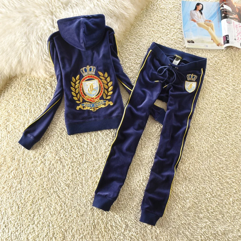 Juicy Grape Brand Spring Autumn Women Sporting Suits Pink Green gray blue Velvet Women Tracksuit suits running Sportswear suit cute two piece sets